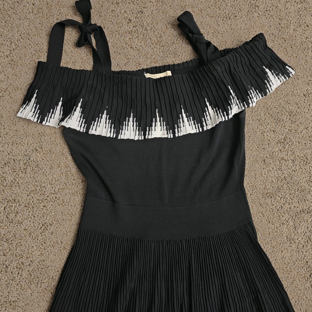 Maje Black White Zig-Zag Pleated Off-the-Shoulder Knit Midi Dress Size 3 L - Picture 7 of 14